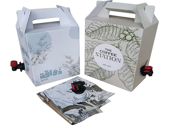 OEM 1L / 2L / 3L กาแฟน้ำผลไม้ไวน์ถุง BIB ของเหลวในกล่องตู้พร้อมที่จับและหัวจุก