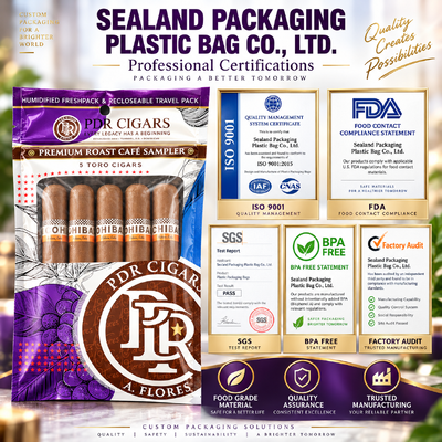 Custom Printing logo Humidified Cigar Bag with Ziplock and Clear Window Resealable Humidity Pouch for 5 Cigars Storage Packing